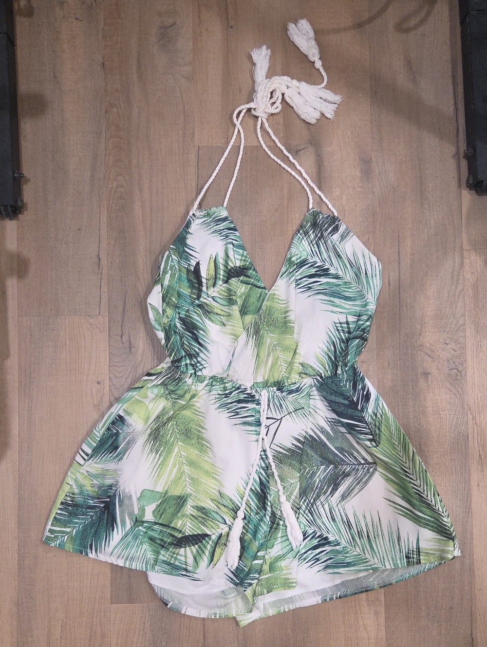 Luxxel White and Green Palm-Print Halter One-Piece Romper